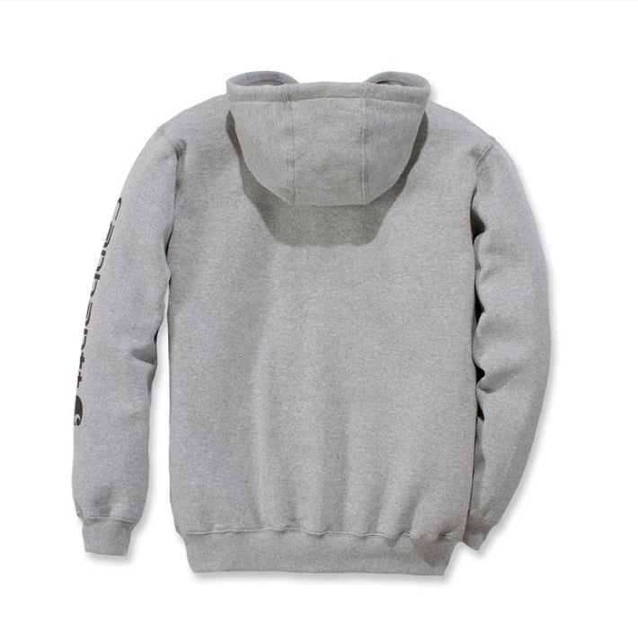 Gray cotton blend men's hoodie, logo on the sleeve and Carhartt label sewn on the pocket