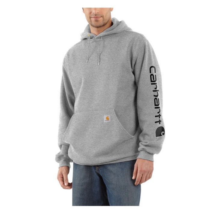 Gray cotton blend men's hoodie, logo on the sleeve and Carhartt label sewn on the pocket
