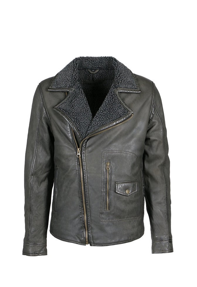 giacca in pelle classica 2 tasche laterali e una sul petto con zip, chiusura con bottone sul colletto