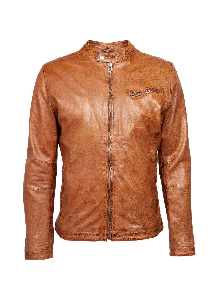 giacca in pelle classica 2 tasche laterali e una sul petto con zip, chiusura con bottone sul colletto