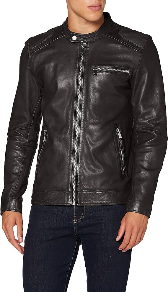 giacca in pelle classica 2 tasche laterali e una sul petto con zip, chiusura con bottone sul colletto