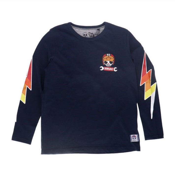 t-shirt blu a manica lunga in cotone french terry organico con grafiche