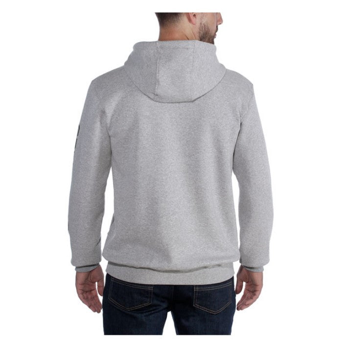 felpa con cappuccio grigio da uomo misto cotone, logo sulla manica ed etichetta carhartt cucita sulla tasca