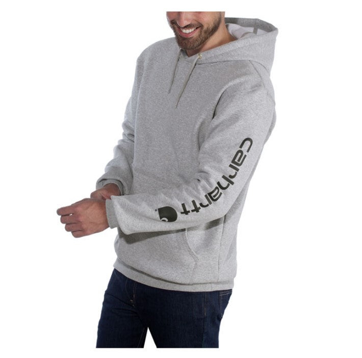 felpa con cappuccio grigio da uomo misto cotone, logo sulla manica ed etichetta carhartt cucita sulla tasca