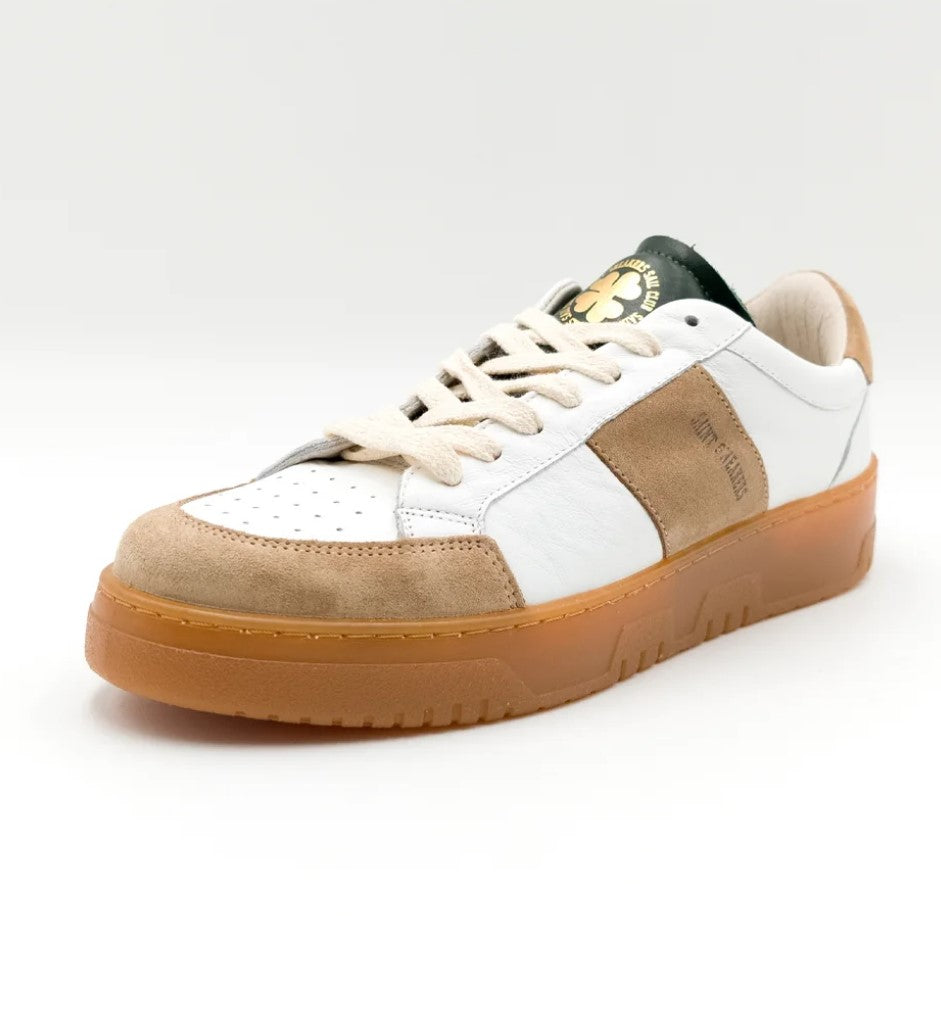 sneaker bianco/tortora/verdone in pelle con toppino in pelle di vitello a contrasto di colore