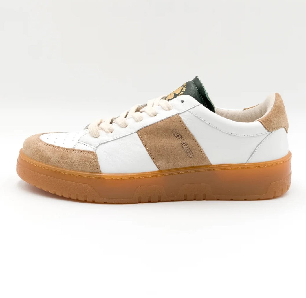 sneaker bianco/tortora/verdone in pelle con toppino in pelle di vitello a contrasto di colore